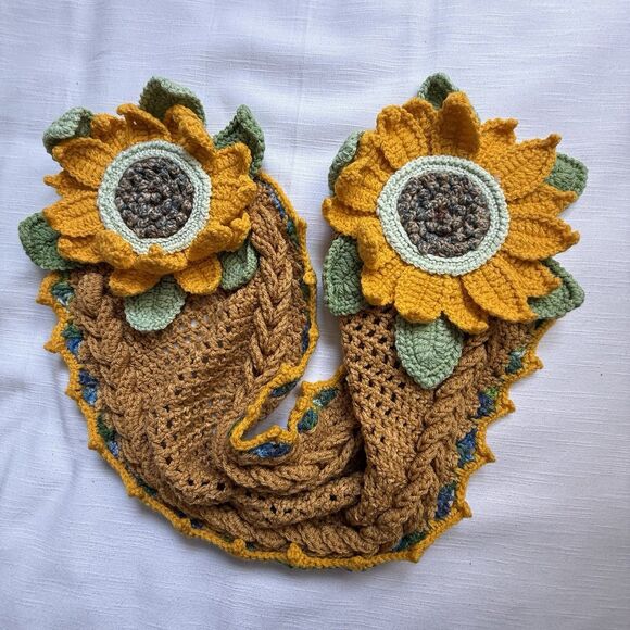 Handmade Crochet Table Runner With Raised 3D Sunflower Motifs And Braided Detail - Picture 1 of 10